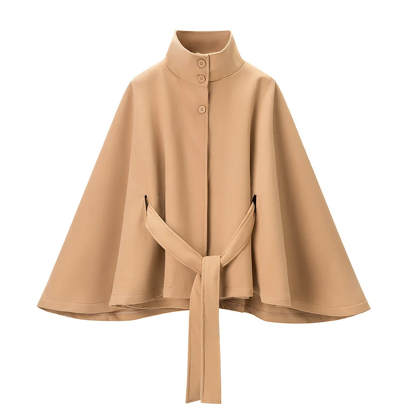 Damen Kurzer Cape-Mantel mit Stehkragen, verdeckter Knopfleiste und Bindegürtel Nord Taschen