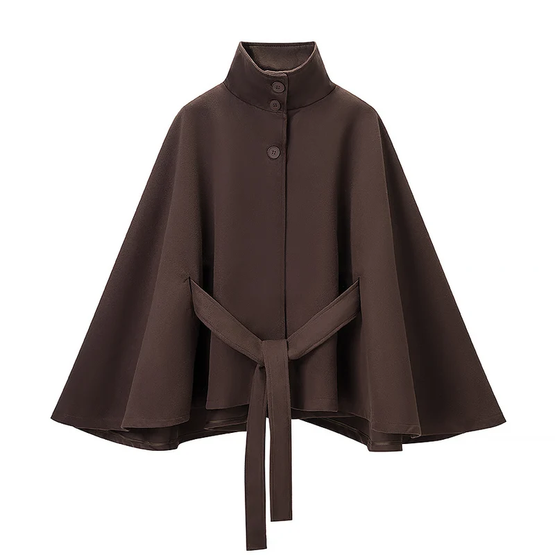 Damen Kurzer Cape-Mantel mit Stehkragen, verdeckter Knopfleiste und Bindegürtel Nord Taschen