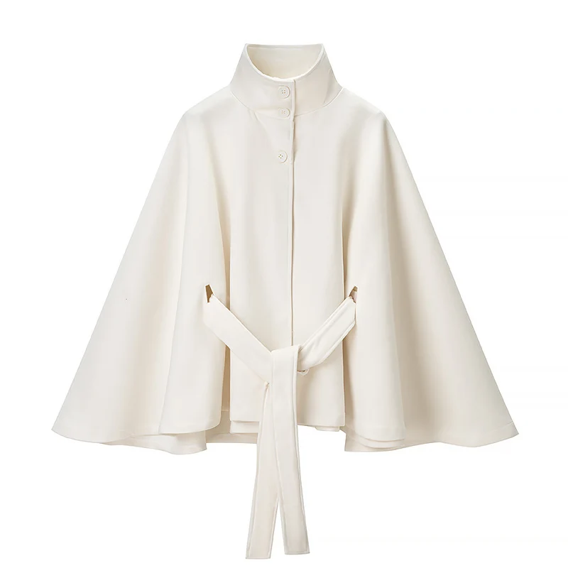 Damen Kurzer Cape-Mantel mit Stehkragen, verdeckter Knopfleiste und Bindegürtel Nord Taschen