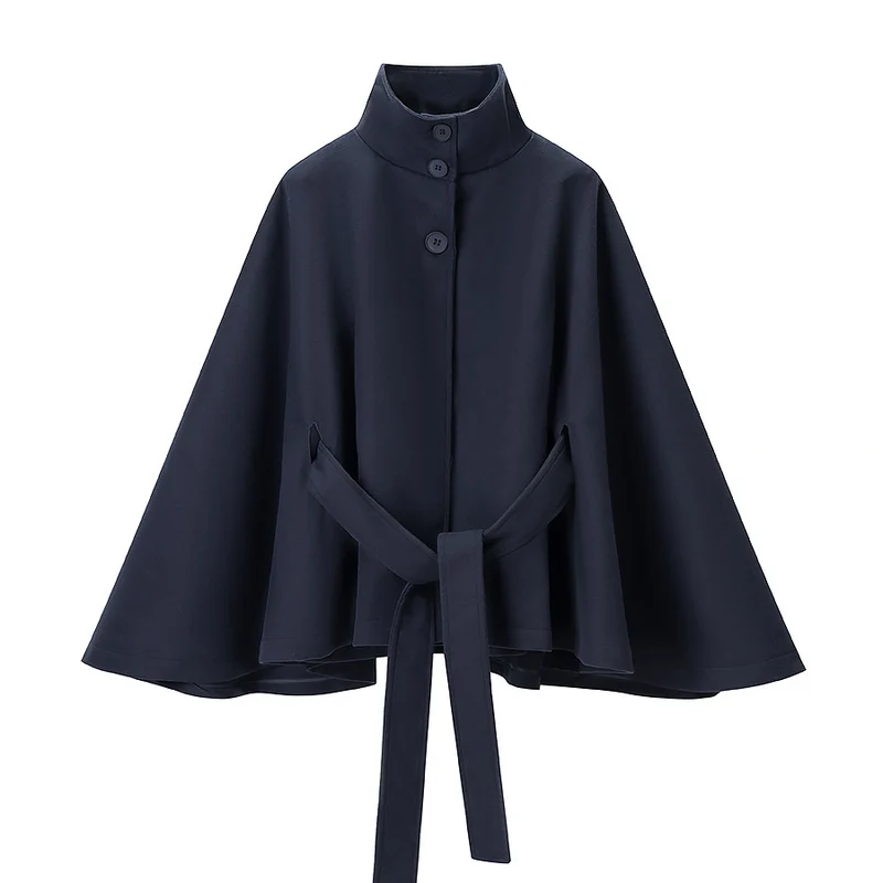 Damen Kurzer Cape-Mantel mit Stehkragen, verdeckter Knopfleiste und Bindegürtel Nord Taschen