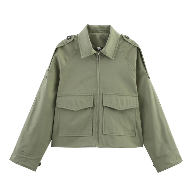 Damen Kurz geschnittene Utility-Jacke im Military‑Look mit Pattentaschen, Schulterklappen und Reißverschluss Nord Taschen