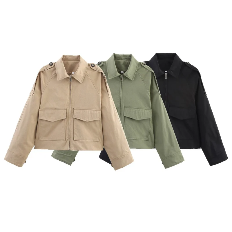 Damen Kurz geschnittene Utility-Jacke im Military‑Look mit Pattentaschen, Schulterklappen und Reißverschluss Nord Taschen