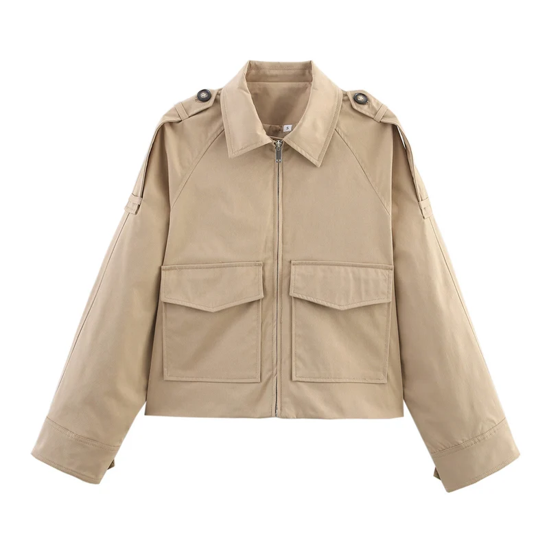 Damen Kurz geschnittene Utility-Jacke im Military‑Look mit Pattentaschen, Schulterklappen und Reißverschluss Nord Taschen