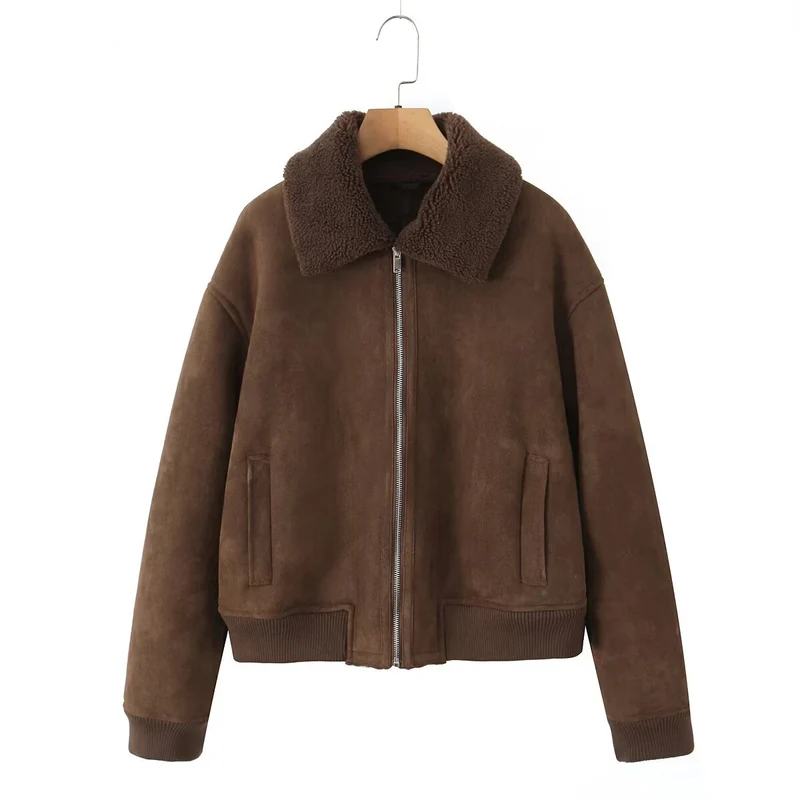 Damen Kurz geschnittene Teddy-gefütterte Wildlederoptik-Fliegerjacke mit Reißverschluss Nord Taschen