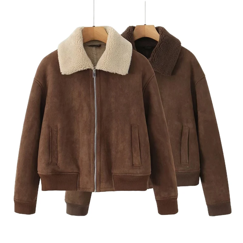 Damen Kurz geschnittene Teddy-gefütterte Wildlederoptik-Fliegerjacke mit Reißverschluss Nord Taschen