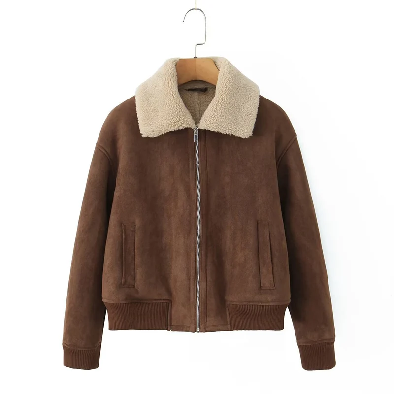 Damen Kurz geschnittene Teddy-gefütterte Wildlederoptik-Fliegerjacke mit Reißverschluss Nord Taschen