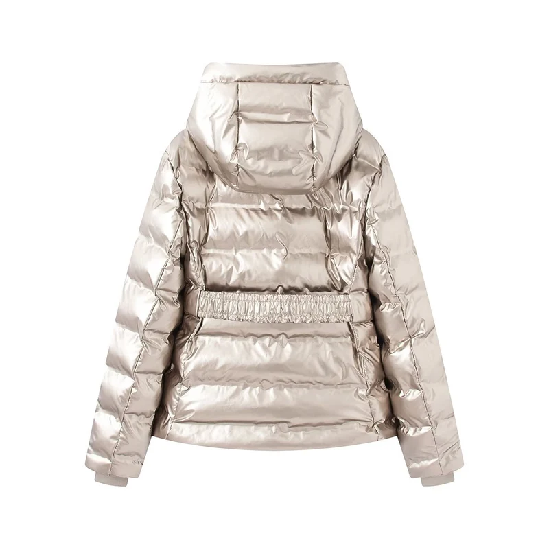 Damen Kurz geschnittene Steppjacke mit Kapuze, tailliertem Gummizug und Ziergürtel Nord Taschen