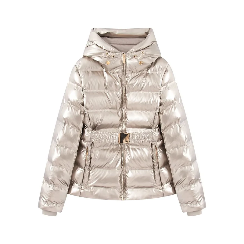 Damen Kurz geschnittene Steppjacke mit Kapuze, tailliertem Gummizug und Ziergürtel Nord Taschen