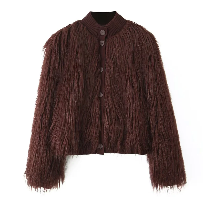 Damen Kurz geschnittene Shaggy-Faux-Fur-Strickjacke mit Rippkragen und Knopfleiste Nord Taschen