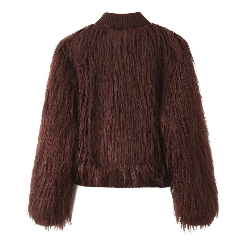 Damen Kurz geschnittene Shaggy-Faux-Fur-Strickjacke mit Rippkragen und Knopfleiste Nord Taschen