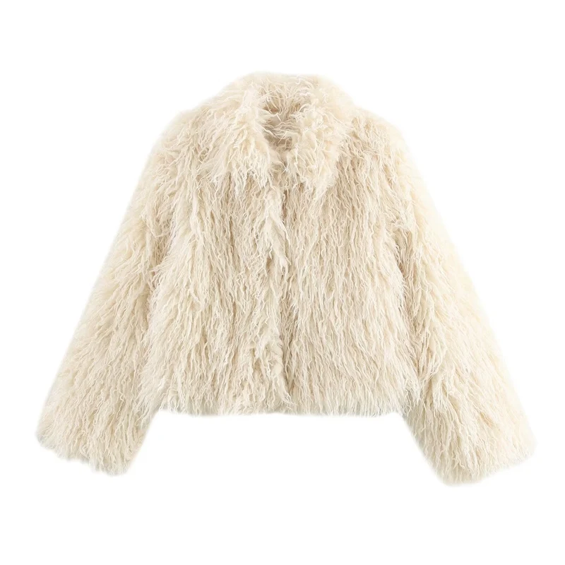 Damen Kurz geschnittene Shaggy-Faux-Fur-Jacke mit voluminösem Schalkragen Nord Taschen