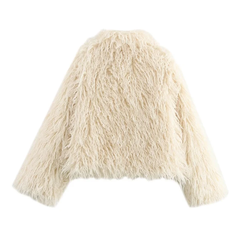 Damen Kurz geschnittene Shaggy-Faux-Fur-Jacke mit voluminösem Schalkragen Nord Taschen