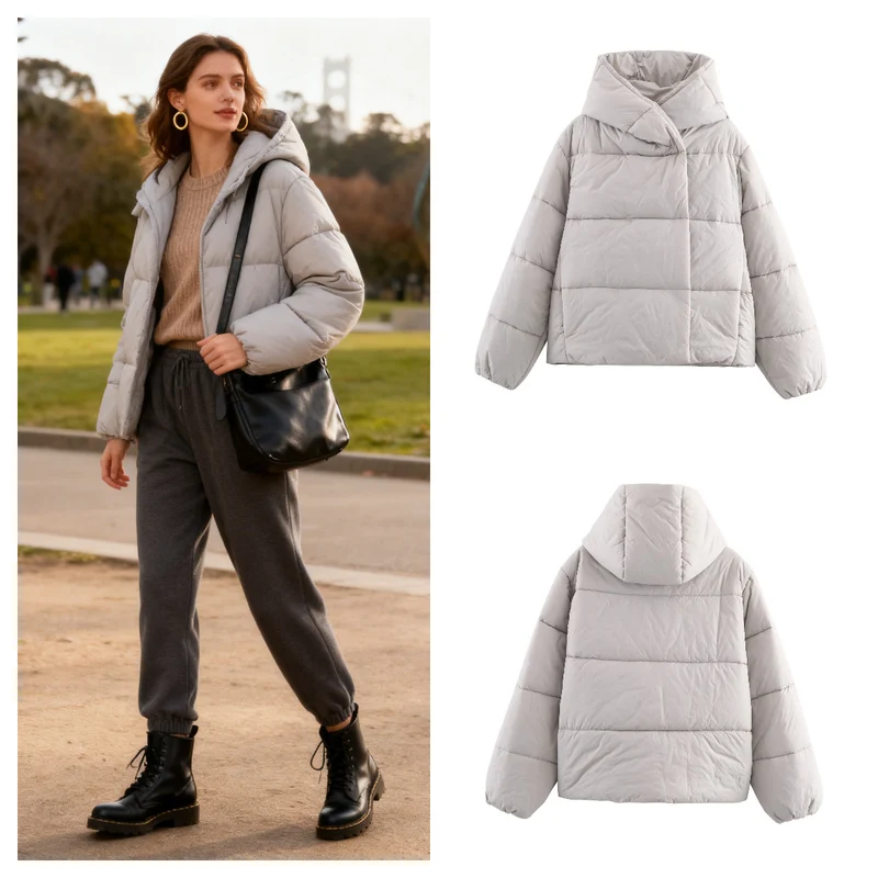 Damen Kurz geschnittene Oversize-Steppjacke mit hohem Wickelkragen und wattierter Fütterung Nord Taschen