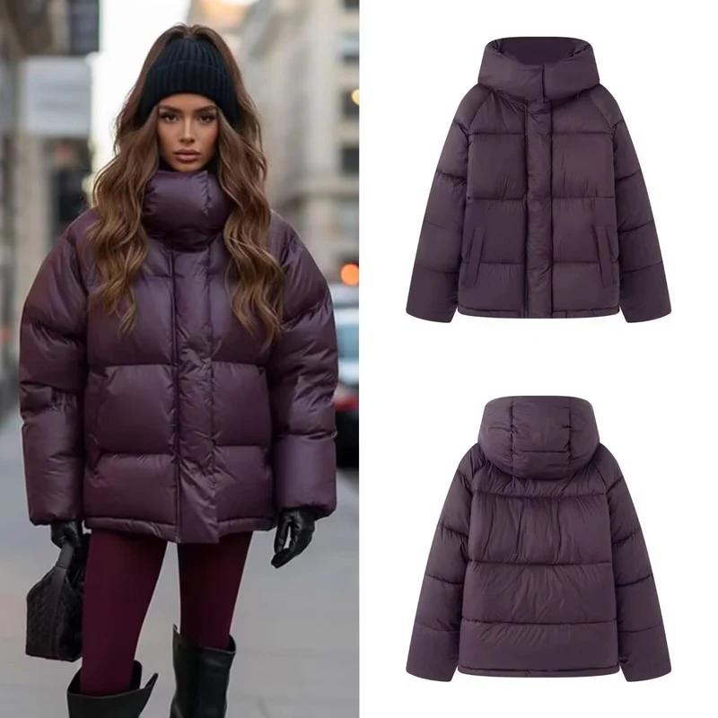 Damen Kurz geschnittene Oversize-Steppjacke mit hohem Kragen und Kapuze Nord Taschen