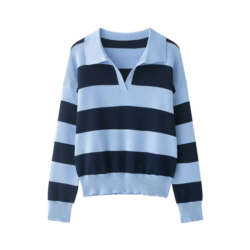 Damen Gestreifter Oversize-Rugby-Pullover mit Polokragen und V-Ausschnitt Nord Taschen