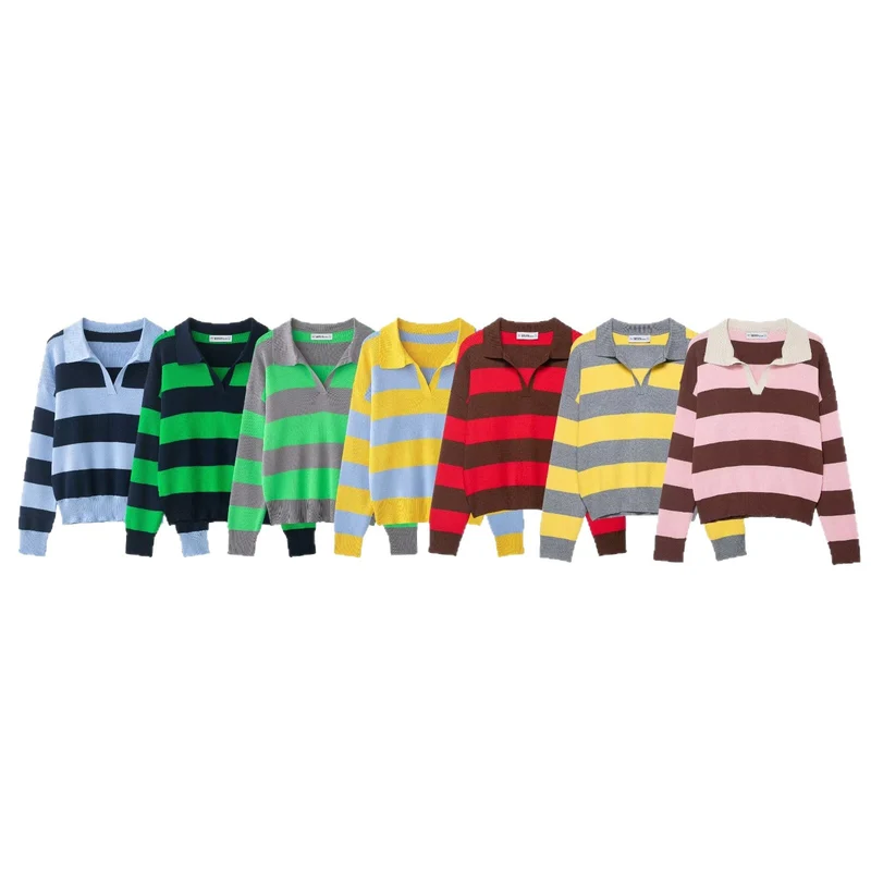 Damen Gestreifter Oversize-Rugby-Pullover mit Polokragen und V-Ausschnitt Nord Taschen