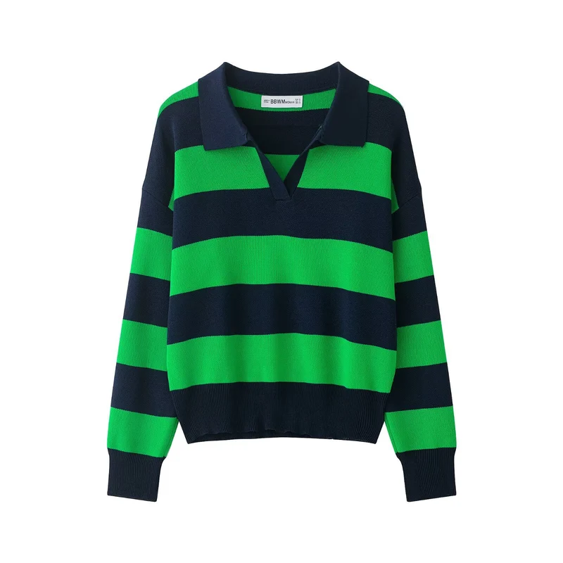 Damen Gestreifter Oversize-Rugby-Pullover mit Polokragen und V-Ausschnitt Nord Taschen
