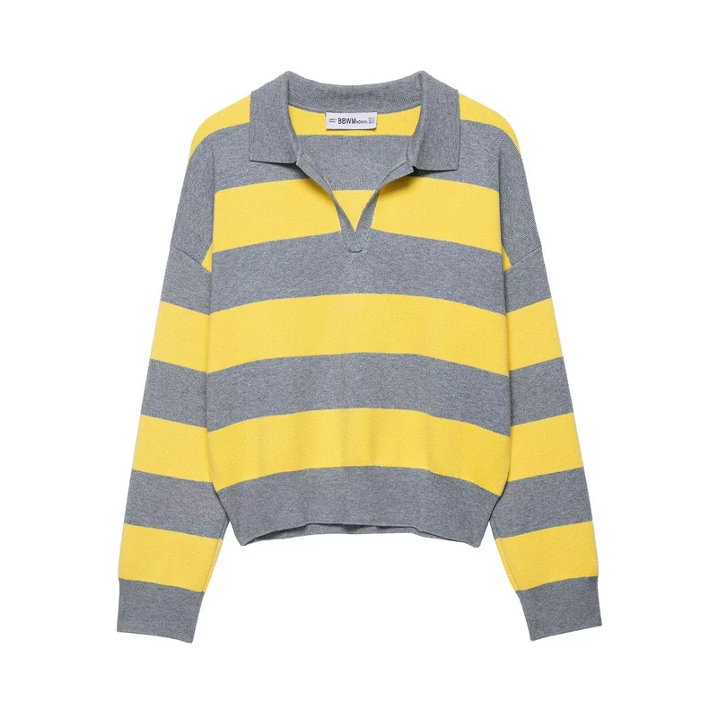 Damen Gestreifter Oversize-Rugby-Pullover mit Polokragen und V-Ausschnitt Nord Taschen