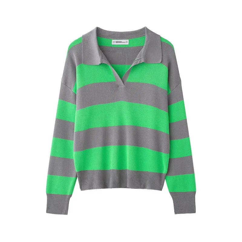 Damen Gestreifter Oversize-Rugby-Pullover mit Polokragen und V-Ausschnitt Nord Taschen