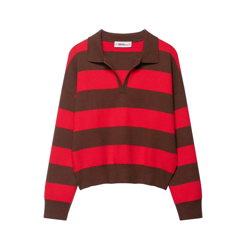 Damen Gestreifter Oversize-Rugby-Pullover mit Polokragen und V-Ausschnitt Nord Taschen