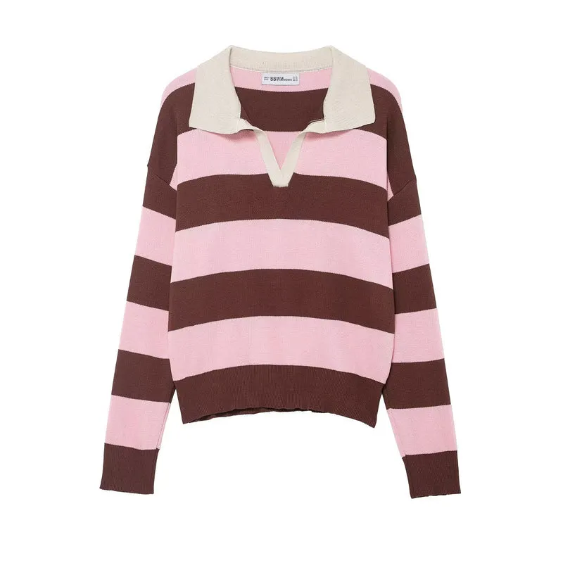 Damen Gestreifter Oversize-Rugby-Pullover mit Polokragen und V-Ausschnitt Nord Taschen