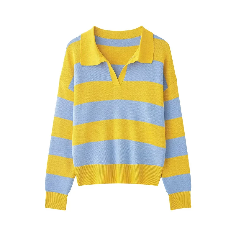 Damen Gestreifter Oversize-Rugby-Pullover mit Polokragen und V-Ausschnitt Nord Taschen