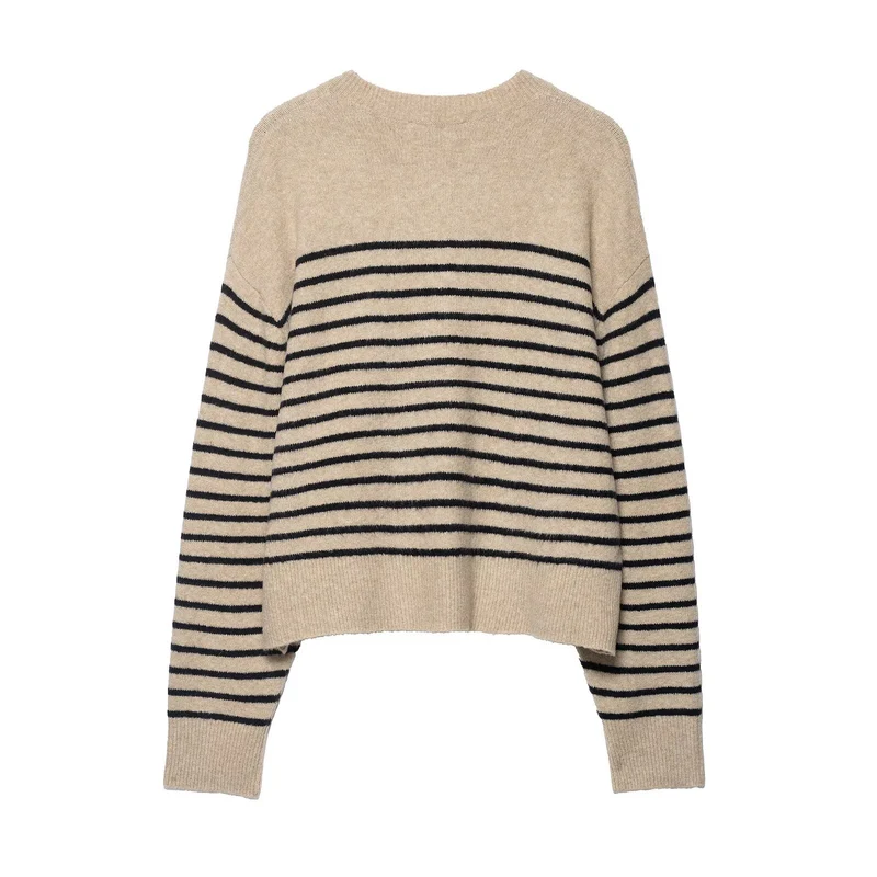 Damen Gestreifter Feinstrick-Henley-Pullover mit überschnittener Schulter und geripptem Saum Nord Taschen