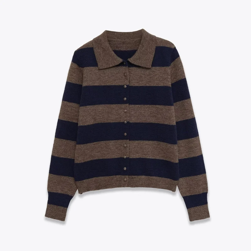 Damen Gestreifte Strickjacke mit Polokragen und Knopfleiste Nord Taschen