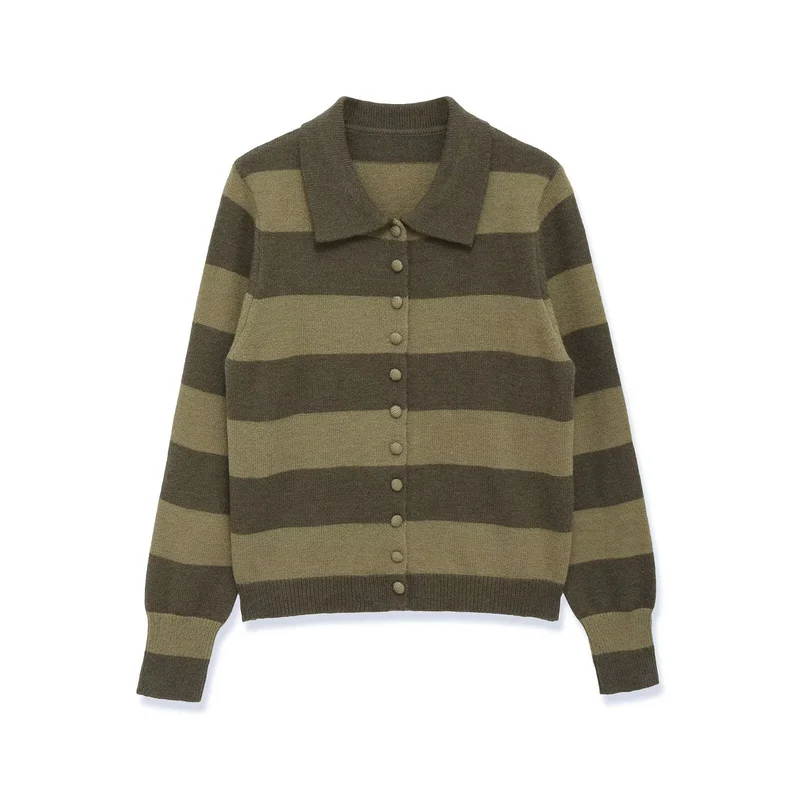 Damen Gestreifte Strickjacke mit Polokragen und Knopfleiste Nord Taschen