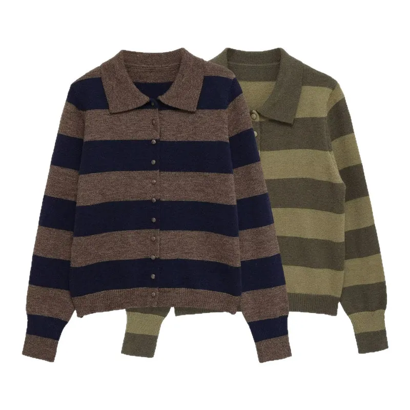 Damen Gestreifte Strickjacke mit Polokragen und Knopfleiste Nord Taschen
