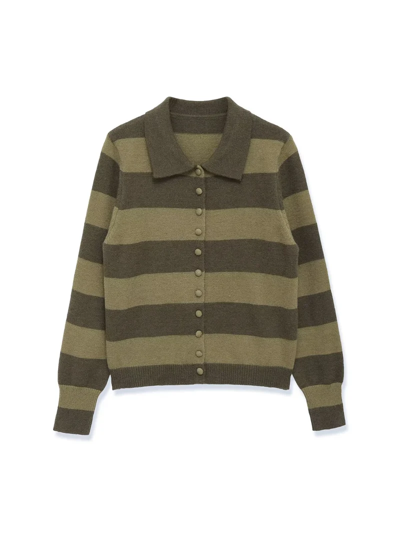 Damen Gestreifte Strickjacke mit Polokragen und Knopfleiste Nord Taschen