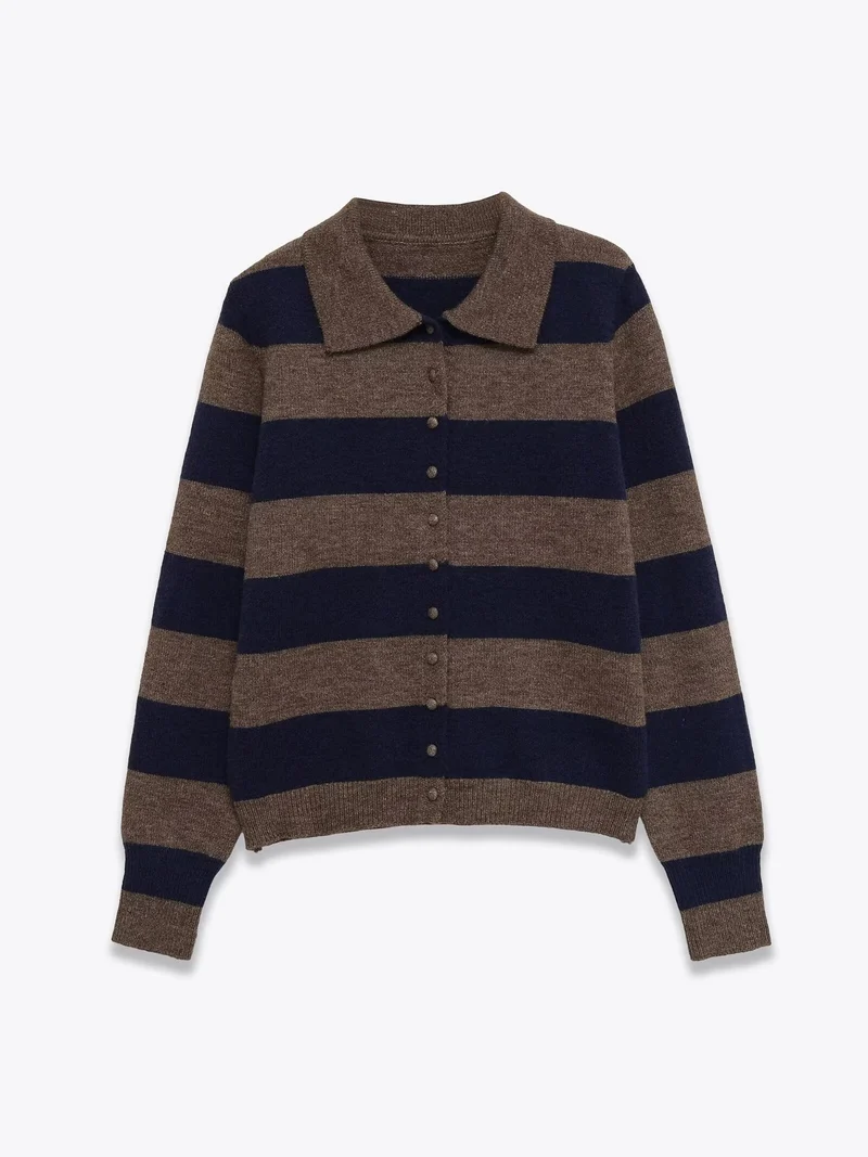 Damen Gestreifte Strickjacke mit Polokragen und Knopfleiste Nord Taschen