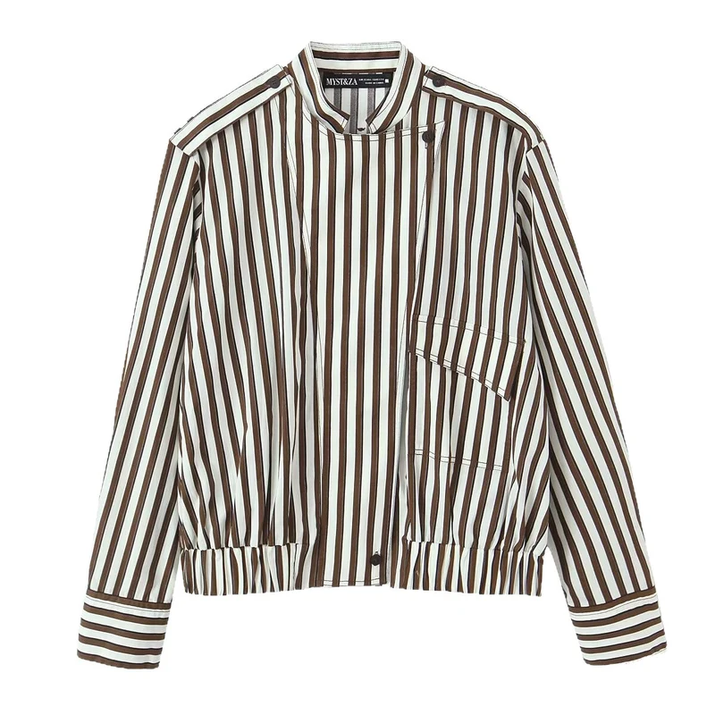 Damen Gestreifte Blouson-Hemdbluse mit Stehkragen, Schulterklappen und elastischem Saum Nord Taschen