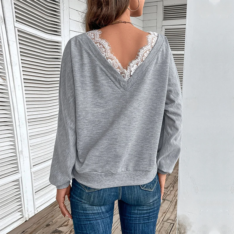 Damen Oversized Wickel-Longsleeve mit Spitzenblende und weitem Arm Nord Taschen
