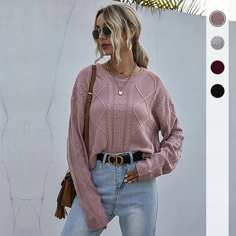 Damen Oversized Strickpullover mit Zopfmuster und Rundhalsausschnitt Nord Taschen