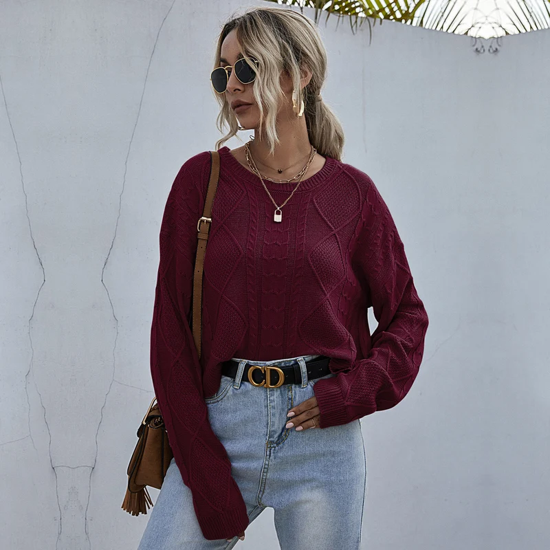 Damen Oversized Strickpullover mit Zopfmuster und Rundhalsausschnitt Nord Taschen