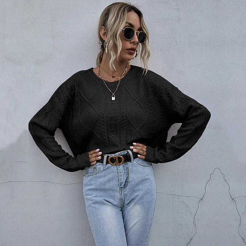 Damen Oversized Strickpullover mit Zopfmuster und Rundhalsausschnitt Nord Taschen