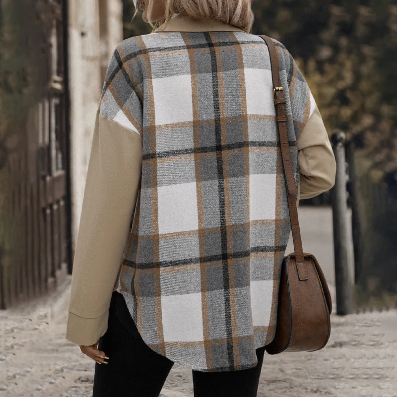 Damen Oversized Hemdjacke mit kariertem Frontpanel, Druckknopfverschluss und aufgesetzten Brusttaschen Nord Taschen
