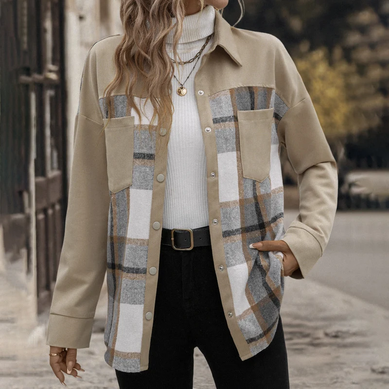 Damen Oversized Hemdjacke mit kariertem Frontpanel, Druckknopfverschluss und aufgesetzten Brusttaschen Nord Taschen