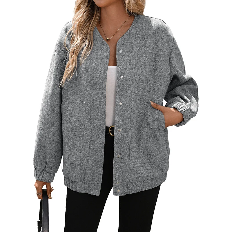 Damen Oversize‑Wolloptik‑Blouson mit Druckknopf‑Verschluss, elastischen Bündchen & aufgesetzten Taschen Nord Taschen