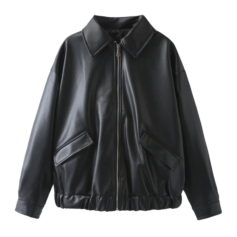 Damen Oversize Kunstleder-Bomberjacke mit Reißverschluss, elastischem Saum und Pattentaschen Nord Taschen