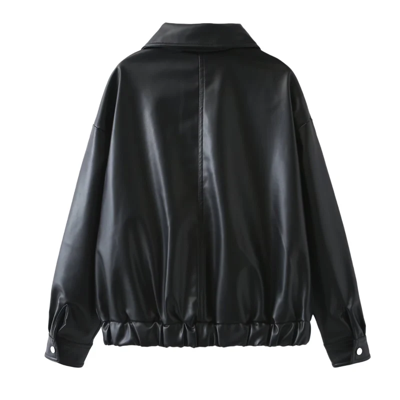 Damen Oversize Kunstleder-Bomberjacke mit Reißverschluss, elastischem Saum und Pattentaschen Nord Taschen