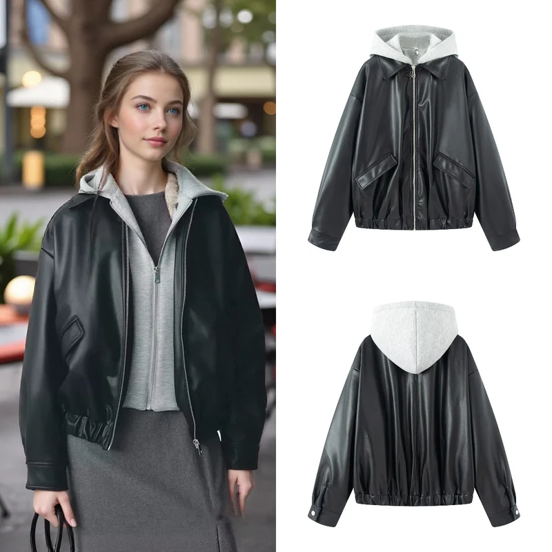 Damen Oversize Kunstleder-Blouson mit Kapuzen-Einsatz und aufgesetzten Pattentaschen Nord Taschen