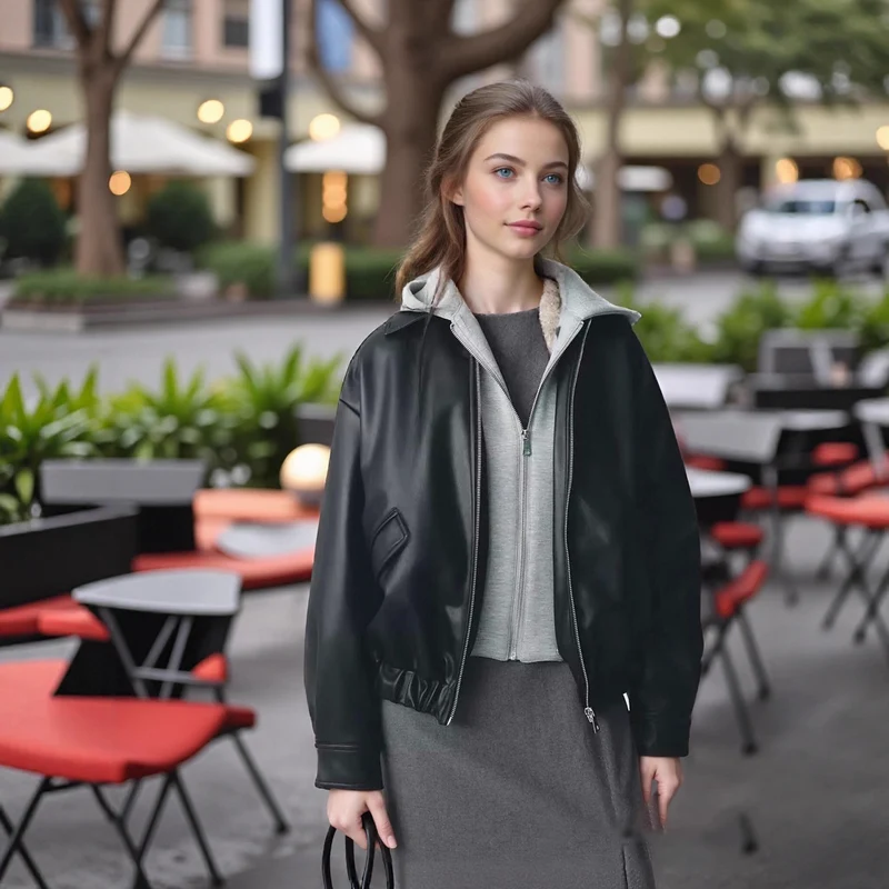 Damen Oversize Kunstleder-Blouson mit Kapuzen-Einsatz und aufgesetzten Pattentaschen Nord Taschen