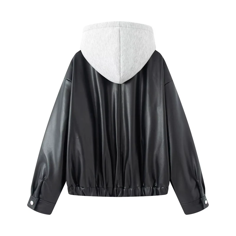 Damen Oversize Kunstleder-Blouson mit Kapuzen-Einsatz und aufgesetzten Pattentaschen Nord Taschen