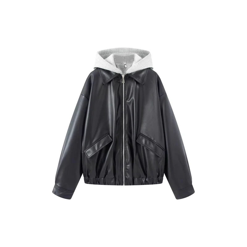 Damen Oversize Kunstleder-Blouson mit Kapuzen-Einsatz und aufgesetzten Pattentaschen Nord Taschen