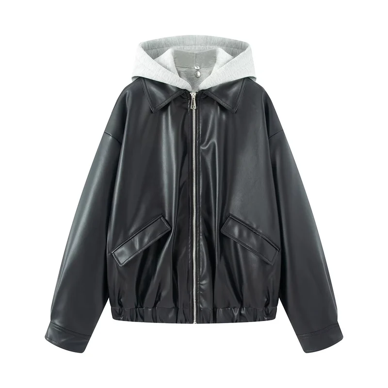 Damen Oversize Kunstleder-Blouson mit Kapuzen-Einsatz und aufgesetzten Pattentaschen Nord Taschen