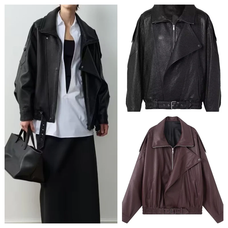 Damen Oversize Kunstleder-Bikerjacke mit asymmetrischem Reißverschluss, Gürtel und elastischem Bund Nord Taschen