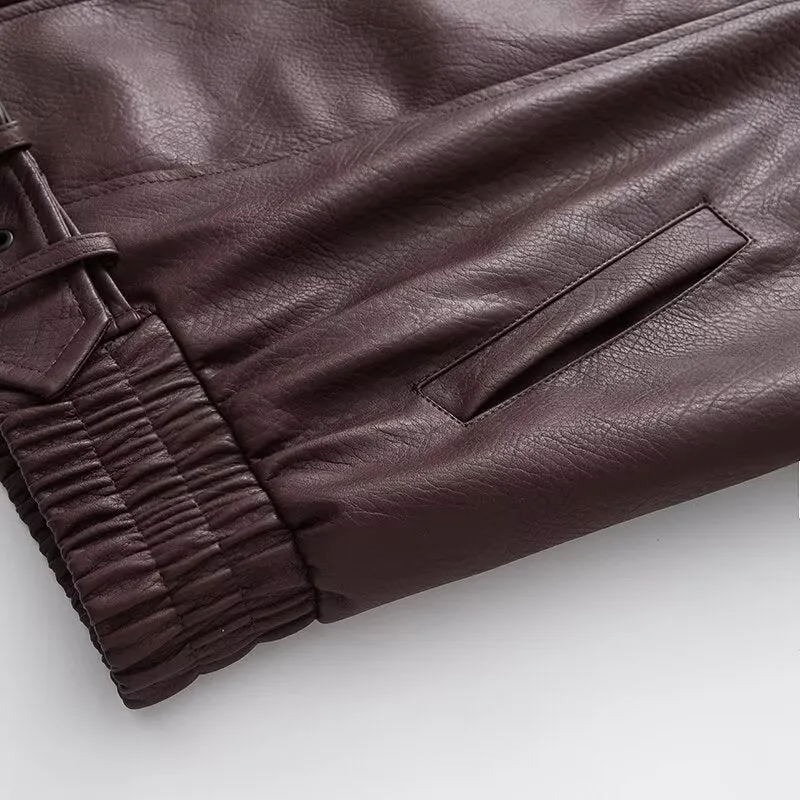 Damen Oversize Kunstleder-Bikerjacke mit asymmetrischem Reißverschluss, Gürtel und elastischem Bund Nord Taschen