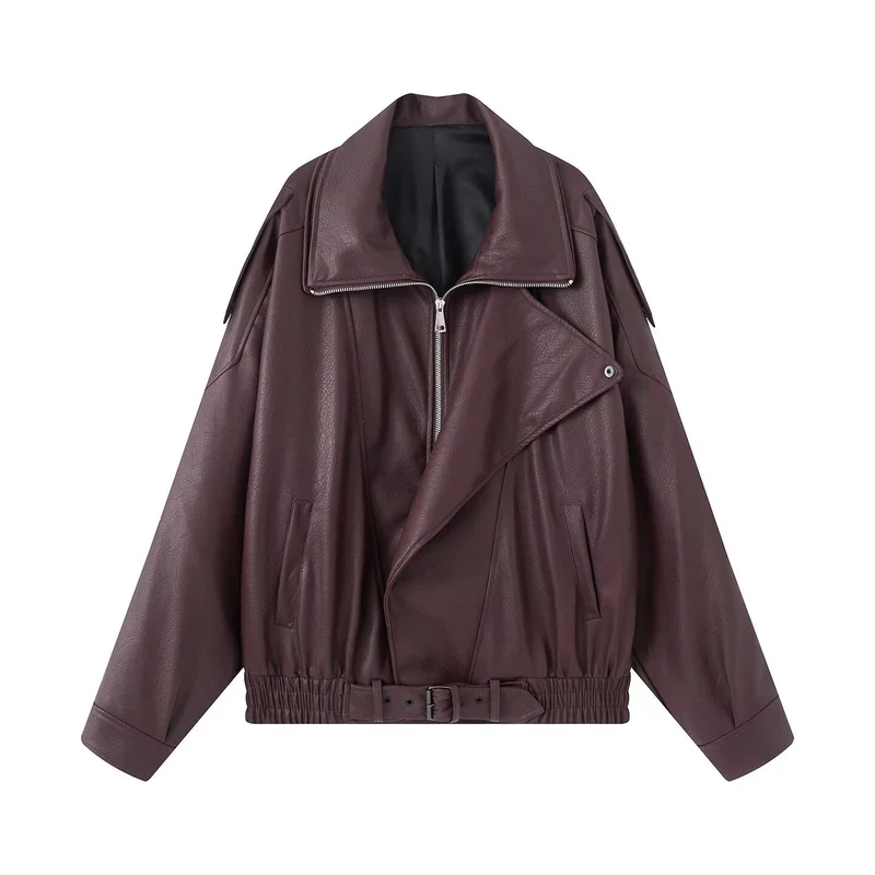 Damen Oversize Kunstleder-Bikerjacke mit asymmetrischem Reißverschluss, Gürtel und elastischem Bund Nord Taschen